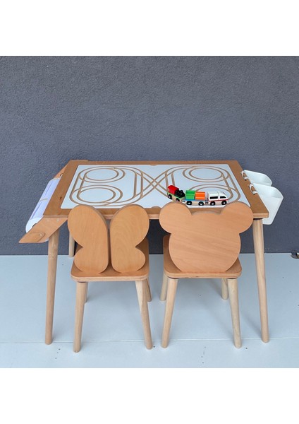 Çocuk Aktivite Masası, Kum Ve Su Etkinlikleri Masası -kutu Ve Tren Hediyeli 2 Sandalyeli - Ms116