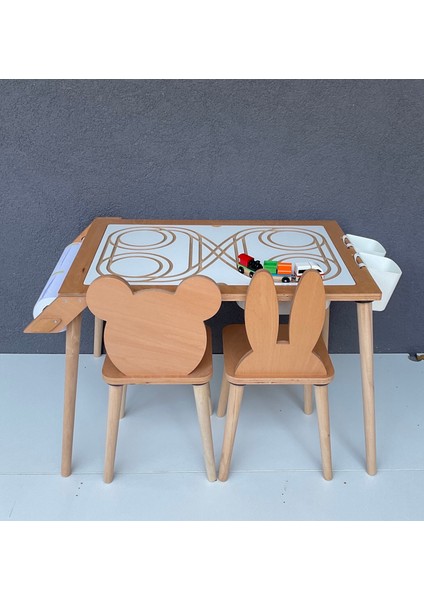 Çocuk Aktivite Masası, Kum Ve Su Etkinlikleri Masası -kutu Ve Tren Hediyeli 2 Sandalyeli - Ms116