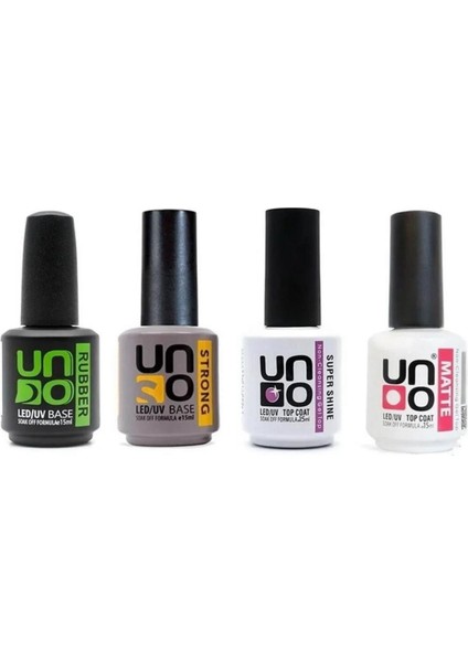 Uno Süper 4'lü Set ; Uno Rubber Base Coat 15'ml; Uno Top Coat 15'ml ; Uno Strong Base Coat 15'ml ; Uno Mat Top Coat 15'ml