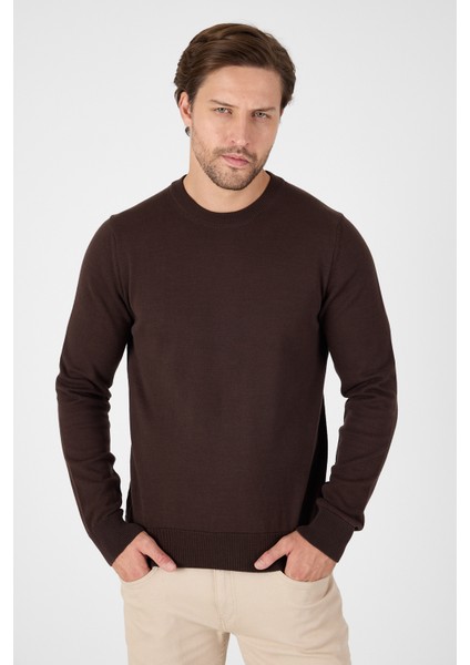 Kahverengi Saf %100 Pamuk Erkek Bisiklet Yaka Triko Kazak