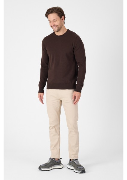 Kahverengi Saf %100 Pamuk Erkek Bisiklet Yaka Triko Kazak modelleri