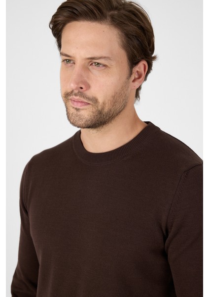 Kahverengi Saf %100 Pamuk Erkek Bisiklet Yaka Triko Kazak