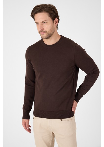 Kahverengi Saf %100 Pamuk Erkek Bisiklet Yaka Triko Kazak