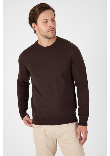 Kahverengi Saf %100 Pamuk Erkek Bisiklet Yaka Triko Kazak