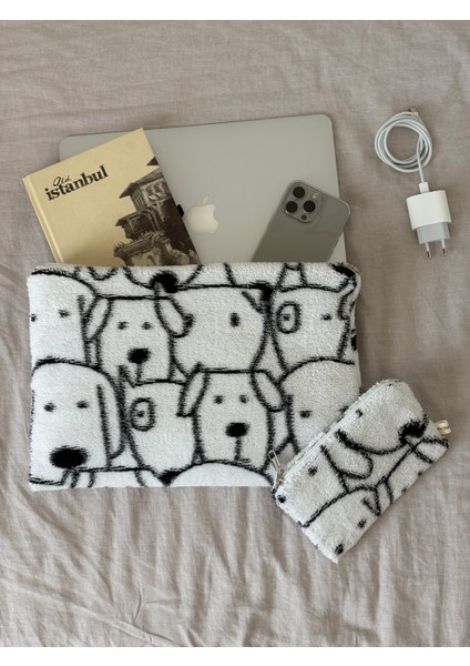 Sevimli Köpek Desenli Peluş Yumuşak 13-14-15-16 Inç Laptop Notebook Çantası, Kitap Çantası