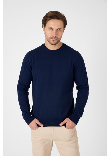 Lacivert Saf %100 Pamuk Erkek Bisiklet Yaka Triko Kazak