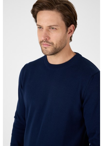 Lacivert Saf %100 Pamuk Erkek Bisiklet Yaka Triko Kazak