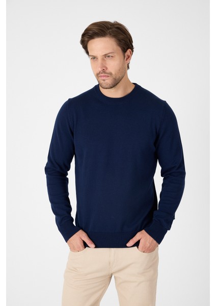 Lacivert Saf %100 Pamuk Erkek Bisiklet Yaka Triko Kazak