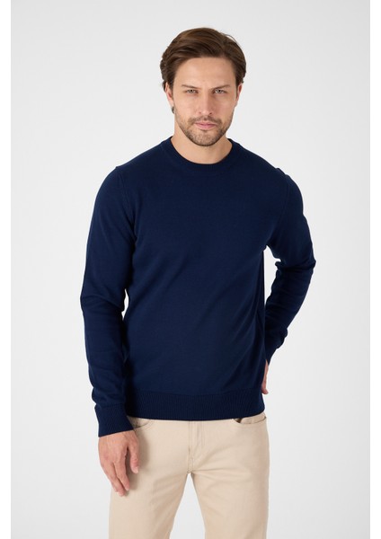 Lacivert Saf %100 Pamuk Erkek Bisiklet Yaka Triko Kazak