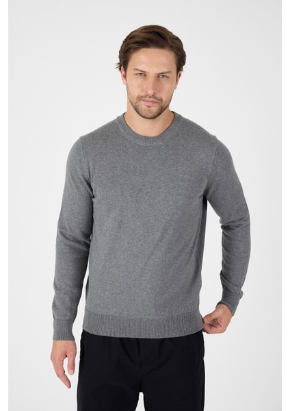 Gri Saf %100 Pamuk Erkek Bisiklet Yaka Triko Kazak