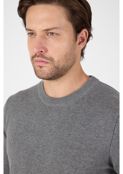 Gri Saf %100 Pamuk Erkek Bisiklet Yaka Triko Kazak