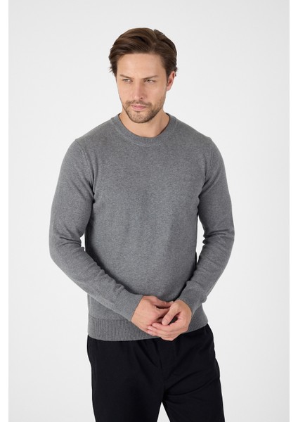 Gri Saf %100 Pamuk Erkek Bisiklet Yaka Triko Kazak