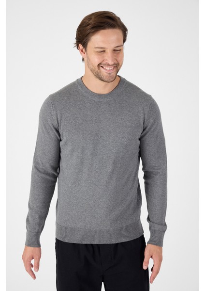 Gri Saf %100 Pamuk Erkek Bisiklet Yaka Triko Kazak