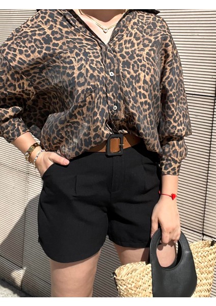 Siyah, Kemer Detaylı, Keten Dokulu Şort