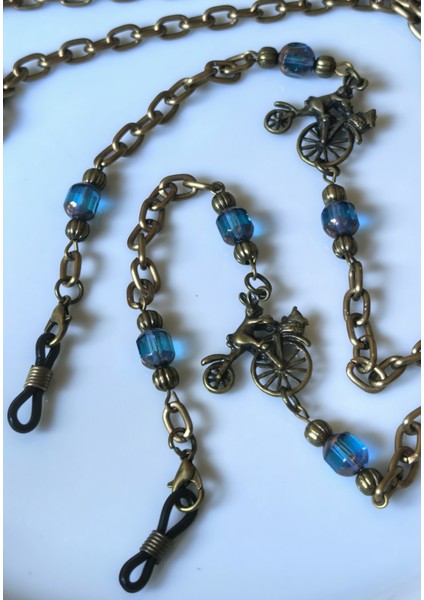 Gözlük Zinciri Unisex Antik Altın Zincirli Turkuaz Gerçek Kristal Taşlı Bisiklet Figürlü Gözlük Askısı