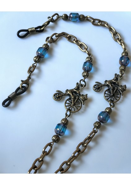 Gözlük Zinciri Unisex Antik Altın Zincirli Turkuaz Gerçek Kristal Taşlı Bisiklet Figürlü Gözlük Askısı modelleri