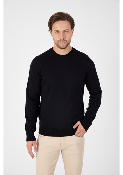 Siyah Saf %100 Pamuk Erkek Bisiklet Yaka Triko Kazak