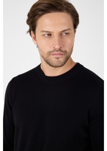 Siyah Saf %100 Pamuk Erkek Bisiklet Yaka Triko Kazak