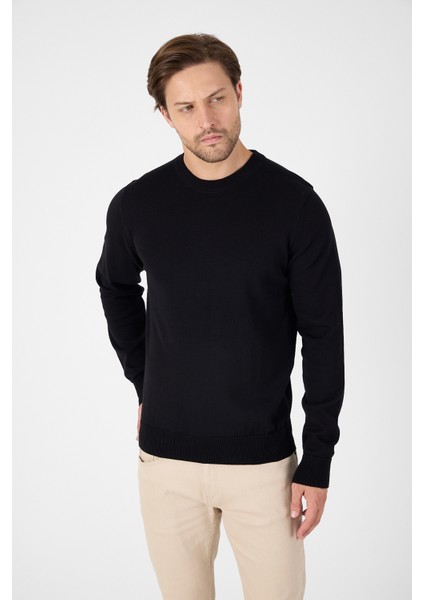 Siyah Saf %100 Pamuk Erkek Bisiklet Yaka Triko Kazak