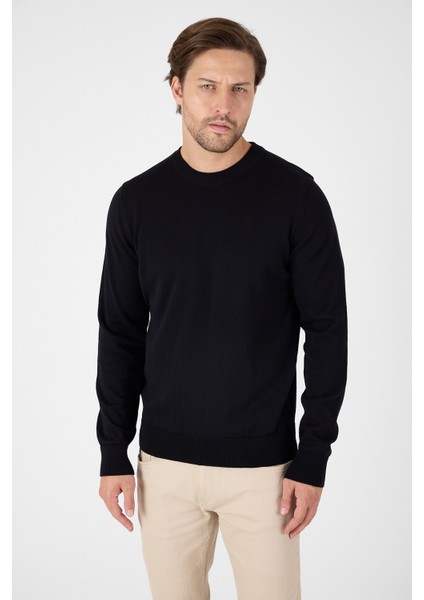 Siyah Saf %100 Pamuk Erkek Bisiklet Yaka Triko Kazak