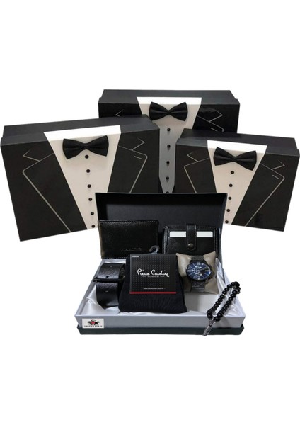 Erkek Damat Bohçası Seti Için 3'lü Kutu ve Papyon Kutulu Cüzdan Kemer Çorap Saat Kartlık Seti