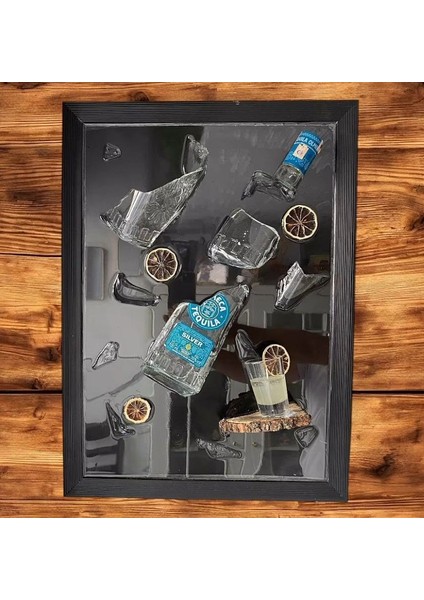 Çerçeve Tablo Kırık Şişe El Izi Dizayn Olmeca Tequıla Epoksi Kırık Şişe Tablo