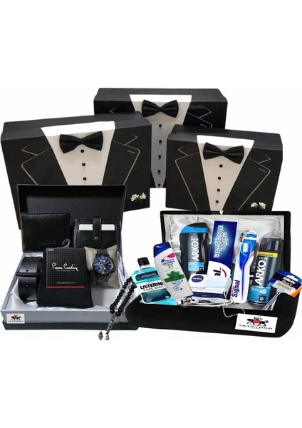 Erkek Damat Bohçası Seti Için 3'lü Kutu Damat Sandığı Tıraş Bakım Ürünleri Kemer Cüzdan Saat Seti