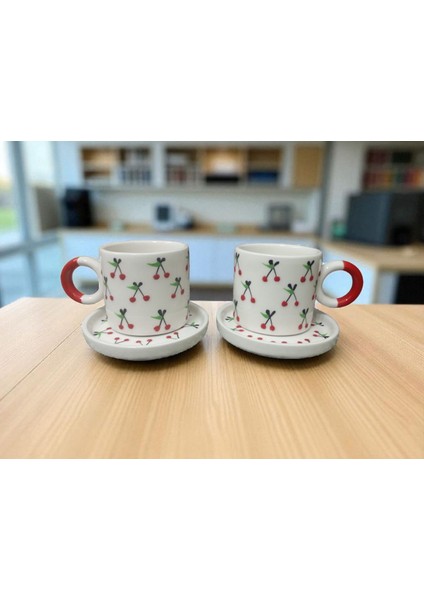 El Yapımı Kiraz Desenli Renkli Kulplu Double Kahve Fincanı 2'li Takım