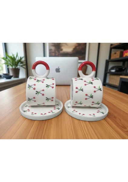 El Yapımı Kiraz Desenli Renkli Kulplu Double Kahve Fincanı 2'li Takım fiyatları