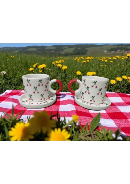 El Yapımı Kiraz Desenli Renkli Kulplu Double Kahve Fincanı 2'li Takım modelleri