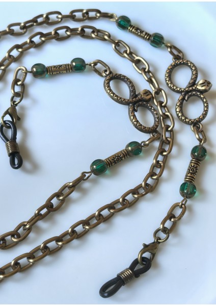 Unisex Gözlük Zinciri – Antik Altın Zincirli, Yeşil Kristal Taşlı, Yılan Başlı Sonsuzluk Figürlü | 78 cm | Thinblack® fırsatları