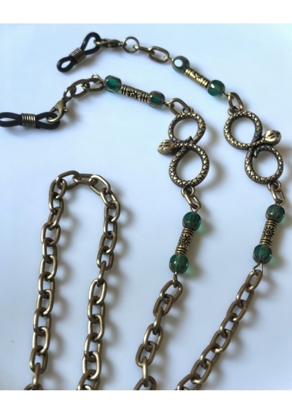 Unisex Gözlük Zinciri – Antik Altın Zincirli, Yeşil Kristal Taşlı, Yılan Başlı Sonsuzluk Figürlü | 78 cm | Thinblack® indirimleri