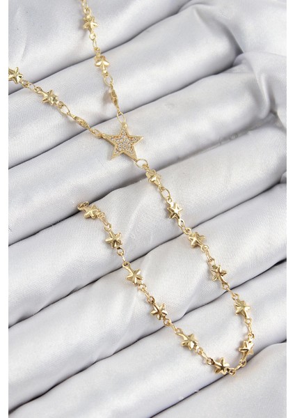 Pirinç Zirkon Taşlı Yıldız Model Gold Renk Y Kolye