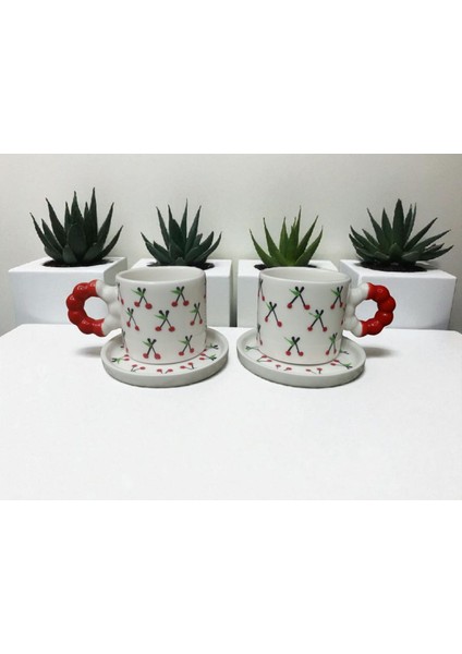 El Yapımı Kiraz Desenli Renkli Kulplu Double Kahve Fincanı 2'li Takım