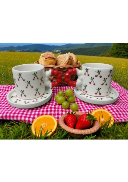 El Yapımı Kiraz Desenli Renkli Kulplu Double Kahve Fincanı 2'li Takım modelleri