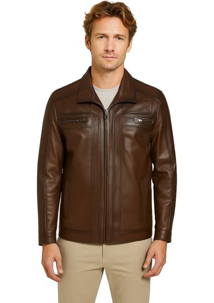 Jack Hakiki Deri Erkek Kahverengi Ceket- Mont