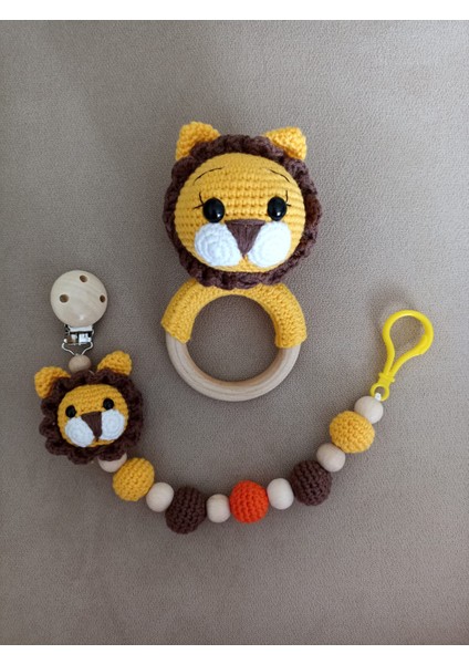 Amigurumi Örgü Aslan Dişlik ve Çıngırak-Emzik Zinciri