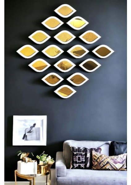 Beyaz - Gold Renkli Dekoratif Su Damlası Formunda 16’lı Duvar Ayna Seti - 12X8 cm indirimleri