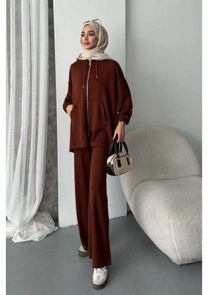 Kadın Modal Penye Oversize Kapüşonlu Tesettür Tunik Takım 1108