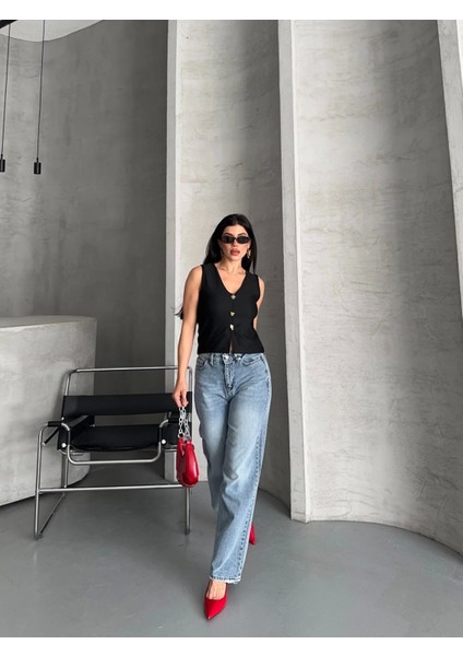 Palazzo Straight Kar Yıkama Jeans Pantolon Mavi D2008 fiyatları