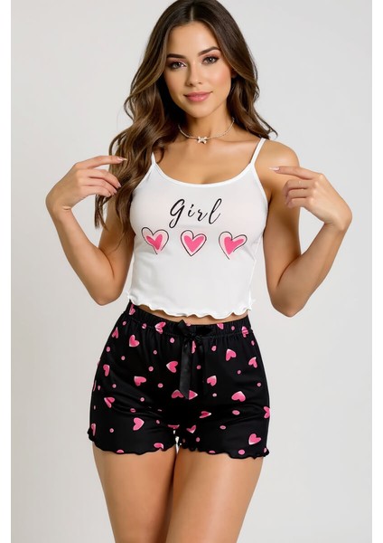 Kalp Desenli Askılı Şortlu Pijama Takımı fırsatları