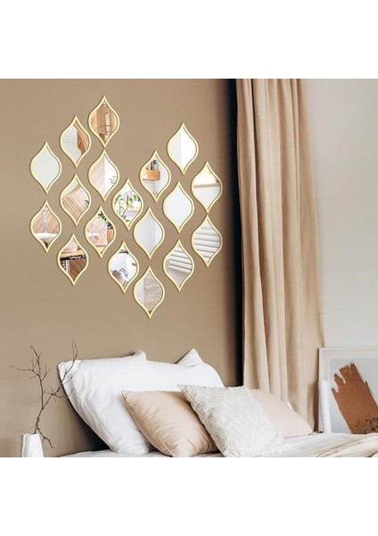 Akça- Gold Renkli Dekoratif Su Damlası Formunda 16’lı Duvar Gold Ayna Seti - 12X8 cm