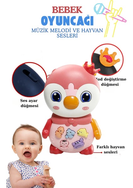 Bebek Oyuncağı Müzikli Işıklı 3 Farklı Mod Özellikli Melodi ve Hayvan Sesli Oyuncak Pembe