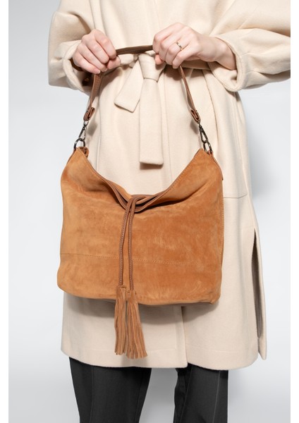 Kadın Hakiki Deri Püsküllü El ve Omuz Çantası Olven Taba Süet fiyatları