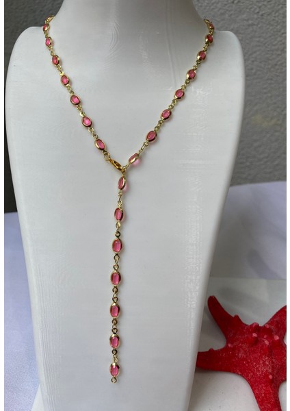 Pembe Oval Detaylı Gold Y Kolye