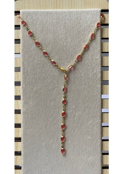 Pembe Oval Detaylı Gold Y Kolye modelleri
