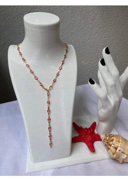 Pembe Oval Detaylı Gold Y Kolye