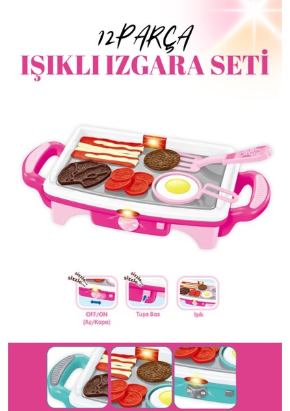 Mangal Seti Işıklı Pilli Kız Erkek Şef Çocuk Oyuncak Izgara Pembe
