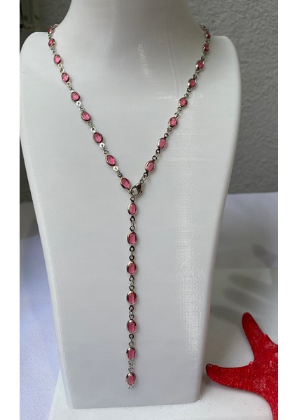 Pembe Oval Detaylı Gümüş Y Kolye