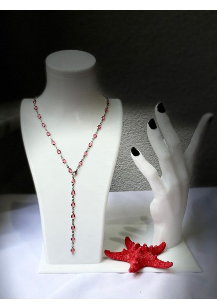 Pembe Oval Detaylı Gümüş Y Kolye modelleri